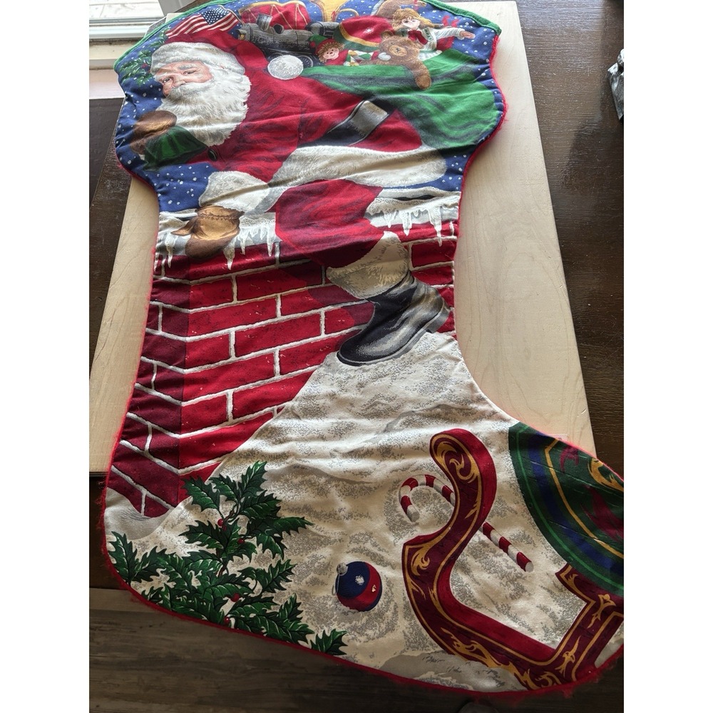 Vtg Cranston Jumbo Christmas Stocking Santa Down the Chimney Red Fleece Finished